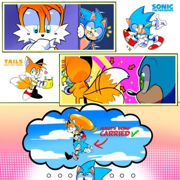2boys 3koma absurdres blonde_hair blue_eyes blue_fur blue_hair child comic fox gloves green_eyes hedgehg highres miles_electric multiple_boys multiple_tails sega shoes smile socks sonic_(series) sonic_adventure sonic_the_hedgehog sonic_unleashed sp1ndash spiked_hair tail tails_(sonic) two_tails yellow_fur