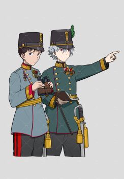 2boys absurdres austria-hungary austro-hungarian_army black_hat black_pants blue_jacket brown_hair commission green_jacket hat highres ikari_shinji jacket looking_at_viewer medal mg_g military_uniform multiple_boys nagisa_kaworu neon_genesis_evangelion pants saber_(weapon) sword weapon