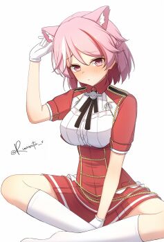 1girl animal_ears armpit_cutout aticsanir blush breasts cat_ears clothing_cutout extra_ears giuseppe_garibaldi_(kancolle) gloves hat highres indian_style kantai_collection large_breasts looking_at_viewer one-hour_drawing_challenge pink_eyes pink_hair pleated_skirt red_skirt shirt short_hair short_sleeves sitting skirt smile socks solo twitter_username white_background white_gloves white_socks