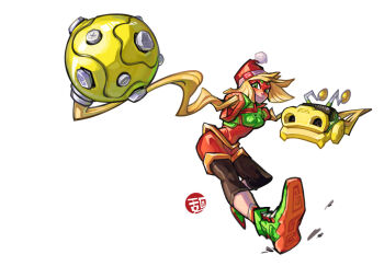 arms_(game) beanie blonde_hair domino_mask dragon_(arms) extendable_limbs eye_mask green_eyes green_shoes hat leggings leggings_under_shorts mask megawatt_(arms) min_min_(arms) ng_mingho orange_hat orange_shorts shoes short_hair shorts white_background