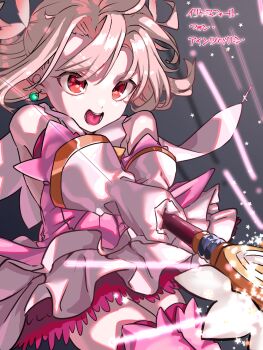 1girl ascot bare_shoulders boots breasts cape dress earrings elbow_gloves fate/kaleid_liner_prisma_illya fate_(series) feather_hair_ornament feathers gloves hair_ornament highres illyasviel_von_einzbern jewelry kaleidostick layered_gloves long_hair magical_ruby niwaikanai open_mouth pink_dress pink_gloves prisma_illya red_eyes sidelocks skirt small_breasts solo sphere_earrings thigh_boots translation_request two_side_up white_cape white_gloves white_hair white_skirt