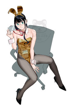 1girl absurdres alternate_costume animal_ear_hairband animal_ears black_hair black_pantyhose black_shoes breasts chair detached_collar fake_animal_ears glasses gold_leotard green_eyes hairband high_heels highres id_card kantai_collection lanyard leotard long_hair office_chair ojipon ooyodo_(kancolle) pantyhose playboy_bunny rabbit_ears see-through_strap shoes sitting small_breasts solo strapless strapless_leotard swivel_chair watermark wrist_cuffs