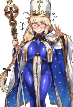 1girl @_@ absurdres aesc_(fate) aesc_(rain_witch)_(fate) blonde_hair blue_bodysuit blue_eyes blush bodysuit breasts ebora fate/grand_order fate_(series) hand_up hat highres holding holding_staff large_breasts long_hair looking_at_viewer round_eyewear smile solo staff tagme white_hat