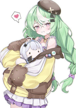 1girl absurdres badge bell beret brown_hat brown_jacket button_badge character_doll commentary doll dress female_tyrant_(stella_sora) frilled_dress frills green_hair grin hair_ornament hairclip hat heart highres holding holding_stuffed_toy jacket light_blush muff_(tofutofutofufotu) multicolored_hair multicolored_jacket nazuna_(stella_sora) neck_bell purple_dress purple_eyes simple_background sleeveless sleeveless_dress sleeves_past_wrists smile solo spoken_heart standing stella_sora streaked_hair stuffed_animal stuffed_toy two-tone_dress two-tone_hair tyrant_(stella_sora) white_background white_dress white_hair white_jacket yellow_jacket