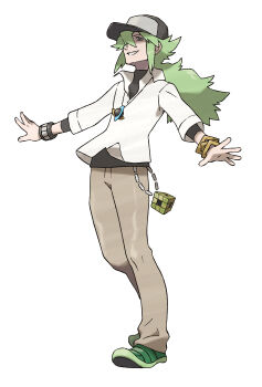 Rule 34 | 1boy, :d, absurdres, anime coloring, asymmetrical clothes, baseball cap, black hat, black shirt, bracelet, brown pants, chain, collared shirt, cowlick, cube, floating clothes, full body, green eyes, green hair, green shoes, grin, hair between eyes, hair over one eye, half-closed eye, hat, highres, jewelry, long hair, long sleeves, looking at viewer, low ponytail, male focus, messy hair, n (pokemon), nintendo, official art, oomura yuusuke, open mouth, outstretched arms, pants, pendant, pokemon, pokemon bw, ponytail, shaded face, shirt, shoes, sidelocks, simple background, smile, solo, standing, tachi-e, teeth, third-party source, three-quarter sleeves, turtleneck, v-neck, white background, white shirt