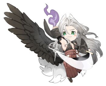 &gt;:) 1boy :3 alternate_costume animal_ears arm_belt arm_up armpits black_wings blush_stickers chibi chibi_only detached_sleeves feathered_wings final_fantasy final_fantasy_vii fire fox_boy fox_ears fox_tail full_body geta green_eyes grey_hair hair_intakes hakama hakama_pants hattouissenbaka holding holding_sword holding_weapon japanese_clothes kitsune long_hair magic male_focus masamune_(ff7) multiple_tails panties pants parted_bangs pectorals pyrokinesis red_pants sephiroth side-tie_panties side_slit single_wing solo sword tabi tail translation_request underwear v-shaped_eyebrows very_long_hair weapon white_background wide_sleeves wings