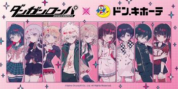 Rule 34 | 3boys, 6+girls, alonso quixano, black hair, blonde hair, blue hair, checkered clothes, checkered scarf, commentary request, copyright logo, copyright name, danganronpa: trigger happy havoc, danganronpa (series), danganronpa 2: goodbye despair, danganronpa v3: killing harmony, don quijote (store), donpen, enoshima junko, harukawa maki, jacket, kirigiri kyoko, komaeda nagito, logo, maizono sayaka, multiple boys, multiple girls, nanami chiaki, official art, oma kokichi, pink background, promotional art, purple hair, saihara shuichi, scarf, school uniform, sparkle background, tsumiki mikan, white hair