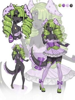 Rule 34 | 1girl, ahoge, barefoot, bikini, black sclera, breasts, cleavage, color guide, colored sclera, dark-skinned female, dark skin, demon girl, dress, drill hair, eyebrows hidden by hair, full body, garter belt, green eyes, green hair, green shoes, hair over one eye, high heels, highres, long hair, looking at viewer, micro bikini, multiple views, navel, open mouth, original, pink bikini, pink dress, pink ribbon, pink theme, pointy ears, ribbon, shoes, small breasts, smile, stiletto heels, stomach, strapless, swimsuit, tail, tail ornament, tail ribbon, third eye, tiptoes, toes, tsuchu (opyatetalali), twin drills, v