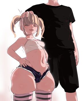 1boy 1girl absurdres ariana_(ioxat) black_shirt black_shorts blonde_hair blush breasts cameltoe choker covered_erect_nipples crop_top hand_on_another&#039;s_head hands_on_own_hips height_difference highleg highleg_panties highres ioxat kyojiri_loli licking_lips looking_at_viewer medium_breasts mesugaki micro_shorts mole mole_under_eye navel original panties pink_choker pussy_juice shirt short_shorts shorts skindentation thick_thighs thighhighs thighs tongue tongue_out twintails underwear unzipped white_background wide_hips