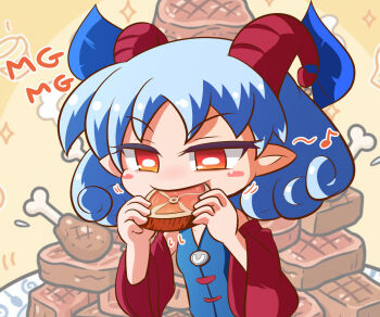 Rule 34 | 1girl, blue dress, blue hair, blush stickers, boned meat, bright pupils, chicken (food), chicken leg, commentary request, detached sleeves, dress, eating, feast, food, hands up, holding, holding food, horizontal pupils, horn ornament, horn ribbon, horns, kajiya no masa, meat, motion lines, musical note, one-hour drawing challenge, plate, pointy ears, red eyes, red horns, red sleeves, ribbon, sheep horns, short hair, smile, solo, sound effects, sparkle, steak, touhou, toutetsu yuuma, yellow background