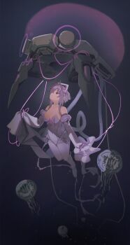 1girl absurdres bare_shoulders black_background breasts cleavage commentary_request detached_sleeves expressionless full_body goddess_of_victory:_nikke highres holypotato0 jellyfish korean_commentary leotard liberalio_(nikke) pantyhose purple_hair red_eyes simple_background sleeves_past_fingers sleeves_past_wrists solo