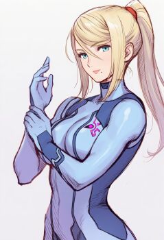 1girl ai-generated blonde_hair blue_bodysuit blue_eyes bodysuit breasts highres jaydamon long_hair looking_at_viewer metroid mole mole_under_mouth nintendo ponytail power_suit_(metroid) samus_aran skin_tight smile solo zero_suit