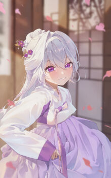 1girl architecture blurry blurry_background blush commentary depth_of_field falling_petals flower hair_between_eyes hair_flower hair_intakes hair_ornament hair_stick hanbok highres indoors ine_(vtuber) korean_clothes long_hair long_sleeves looking_at_viewer parted_lips petals purple_eyes purple_hanbok ribbon s0104y skirt_hold sleeves_past_wrists smile solo virtual_youtuber waktaverse white_hair