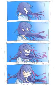 Rule 34 | 1girl, blue sky, blush, border, closed eyes, commentary, day, dress, faceless, faceless female, fate/stay night, fate (series), floating hair, gradient sky, hair between eyes, hair ribbon, happy, highres, long hair, looking at viewer, matou sakura, multiple views, open mouth, outdoors, pink ribbon, purple eyes, purple hair, ribbon, sidelocks, sksk sn09, sky, smile, symbol-only commentary, teeth, upper body, white border, white dress