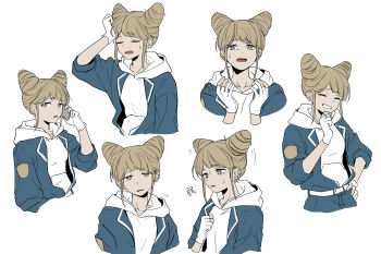 Rule 34 | 1girl, blonde hair, closed eyes, commentary request, cone hair bun, cookie telo, double bun, gloves, grin, hair bun, hand on own chin, hand on own head, hand on own hip, hand up, hands up, highres, holding, holding phone, hood, hood down, hoodie, jasmine (toshi densetsu kaitai center), korean commentary, long sleeves, looking at viewer, multiple expressions, multiple views, open mouth, partially fingerless gloves, phone, short hair, simple background, smile, toshi densetsu kaitai center, upper body, white background