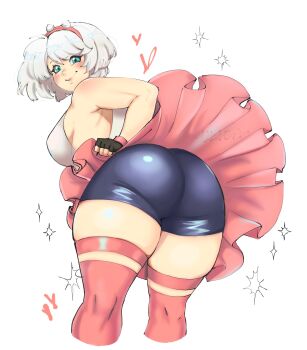 1girl ass ass_focus bare_shoulders black_hair blush breasts elphelt_valentine fingerless_gloves from_behind from_below gloves green_eyes guilty_gear guilty_gear_strive huge_ass leaning leaning_forward looking_at_viewer looking_down medium_breasts miniskirt short_hair short_shorts shorts sideboob skirt smile solo thick_thighs thighhighs thighs upskirt uuuuultea white_hair