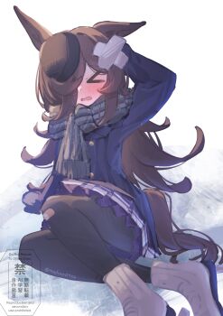 >_< 1girl absurdres animal_ears bandaged_head bandages blue_coat blush brown_hair buttons closed_eyes coat crossed_bandaids double-breasted facing_viewer fallen_down hair_over_one_eye hat highres horse_ears horse_girl horse_tail ice ice_skates long_hair open_mouth pantyhose purple_skirt rice_shower_(umamusume) saigyougi scarf school_uniform skates skirt solo tail tilted_headwear torn_clothes torn_pantyhose tracen_school_uniform tracen_winter_coat umamusume winter_clothes winter_coat winter_uniform