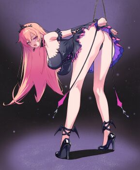 1girl absurdres ass black_dress black_shoes black_sleeves black_tiara breasts commentary detached_sleeves dress earrings english_commentary highres hikkio jewelry long_hair open_mouth phase_connect pink_hair purple_eyes restrained runie_ruse second-party_source shadow shoes snake_earrings solo tiara virtual_youtuber