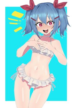 1girl :d absurdres bikini blue_hair blush breasts chopingme colphne_(girls'_frontline_2) excited frilled_bikini frills girls'_frontline girls'_frontline_2:_exilium groin hair_ornament hair_ribbon hairclip hands_on_own_chest hands_up happy highres hip_focus loli medium_hair navel open_mouth red_eyes red_ribbon ribbon side-tie_bikini_bottom small_breasts smile solo stomach swimsuit teeth thigh_gap thighs twintails upper_teeth_only white_bikini