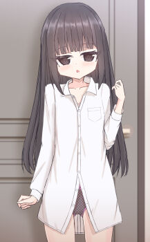 1girl absurdres black_hair black_panties blush bow bow_panties bra bra_peek breast_pocket brown_eyes collarbone crotch_seam door flat_chest highres loli long_hair long_sleeves looking_at_viewer open_mouth original oversized_clothes oversized_shirt panties pink_bow pocket polka_dot polka_dot_panties shirt shooko standing underwear white_bra white_shirt