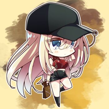 1girl akaneya alternate_costume bag baseball_cap bismarck_(kancolle) black_shorts black_socks blonde_hair blue_eyes blush breasts chibi closed_mouth full_body hair_between_eyes hat highres holding jewelry kantai_collection large_breasts long_hair necklace second-party_source short_shorts shorts simple_background sleeveless socks solo very_long_hair