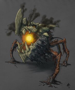 Rule 34 | artist request, capcom, claws, creature, creepy, exoskeleton, fantasy, full body, glowing, glowing eyes, highres, menace, monster, monster hunter (series), multiple limbs, mutation, shen gaoren (monster hunter), smoke, smoke trail, solo, source request