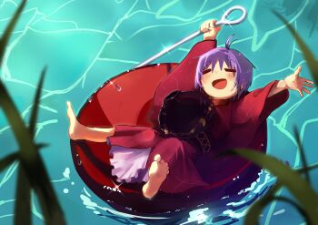 1girl =_= absurdres ahoge barefoot blush bowl caustics commentary_request day facing_viewer floating from_above from_side full_body grass hangaku_th happy highres in_bowl in_container japanese_clothes kimono mini_person minigirl needle obi open_mouth outdoors purple_hair red_kimono river sash short_hair solo stretching sukuna_shinmyoumaru sun_glare toes touhou water