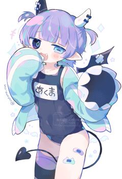 1girl bandaid bandaid_on_leg blue_jacket chestnut_mouth cotono_(nazekun) demon demon_girl demon_horns demon_tail demon_wings fang heterochromia highres horns jacket mismatched_irises name_tag one-piece_swimsuit open_clothes open_jacket original pointy_ears purple_hair school_swimsuit sleeves_past_fingers sleeves_past_wrists swimsuit tail tenshi_kaiwai two_side_up very_long_sleeves white_background wings