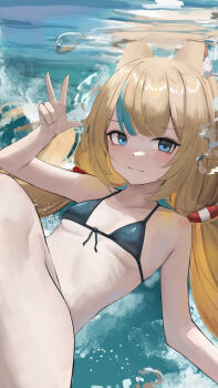 Rule 34 | 1girl, absurdres, animal ear fluff, animal ears, bikini, blonde hair, blue bikini, breasts, cat ears, cat tail, closed mouth, highres, indie virtual youtuber, long hair, looking at viewer, moji (m 0j 4), sameko saba, smile, solo, swimsuit, tail, twintails, underwater, virtual youtuber, w