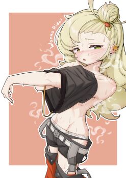 1girl 743_(743rd_bat) absurdres black_panties black_shorts blonde_hair blush border breasts cleft_of_venus collarbone detached_pants detached_sleeves earrings green_eyes hair_bun half-closed_eyes highres jewelry loli long_hair looking_at_viewer navel no_bra open_mouth orange_background panties piper_wheel pulling_own_clothes shorts simple_background small_breasts solo standing steaming_body sweat sweaty_clothes thighhighs underwear undressing white_border zenless_zone_zero zettai_ryouiki