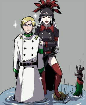 1girl 2boys adler_(akatsuki_en-eins) akatsuki_blitzkampf asphyxiation belt blonde_hair blue_eyes boots closed_eyes drowning elektrosoldat en-eins_kanzen_sekai feathers gloves happy helmet high_heels introduction military military_uniform multiple_boys no_pants refrai smile sparkle stepped_on stepping thigh_boots thighhighs valkyria_(akatsuki_en-eins) water white_hair zettai_ryouiki