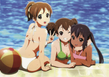 3girls :d ball beachball bikini black_hair breasts brown_eyes brown_hair casual_one-piece_swimsuit cleavage crossed_arms day grin hair_ribbon halterneck highres hirasawa_ui hug k-on! katorifuta looking_back medium_breasts multiple_girls nakano_azusa non-web_source official_art one-piece_swimsuit one_eye_closed open_mouth outdoors pink_eyes pink_one-piece_swimsuit ponytail pool poolside reference_work ribbon round_teeth short_twintails smile suzuki_jun swimsuit tan teeth tiles twintails v water wet wink
