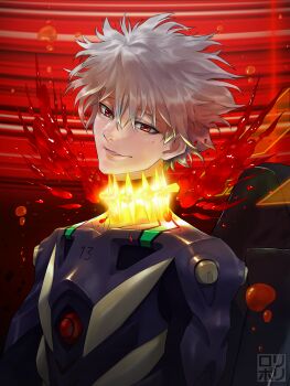 1boy blood bodysuit commentary commentary_request death english_commentary evangelion:_3.0_you_can_(not)_redo hair_between_eyes highres jamrolypoly looking_at_viewer male_focus mecha_pilot_suit mixed-language_commentary nagisa_kaworu neon_genesis_evangelion parted_lips plugsuit_(evangelion) rebuild_of_evangelion red_eyes short_hair signature solo upper_body white_hair
