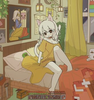 1girl 1other :3 animal_collar bed bedroom black_eyes blanket blush cat_tail chest_(furniture) collar commentary condom condom_wrapper crafting_table_(minecraft) curtains english_commentary heads-up_display health_bar heart heart-shaped_pupils herobrine highres indoors lamp looking_at_viewer mike_no_hito minecraft muntins off-shoulder_shirt off_shoulder painting_(object) pillow pov red_collar shirt symbol-shaped_pupils tail user_interface white_fur window yellow_shirt