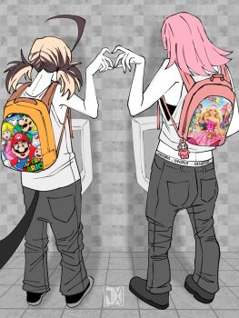2girls backpack bag barbie_(franchise) black_tail brown_hair commentary facing_away from_behind full_body gigi_murin heart heart_hands heart_hands_duo highres hololive hololive_english jasper_xandros labubu long_sleeves luigi male_underwear male_underwear_peek mario mario_(series) mori_calliope multicolored_hair multiple_girls nintendo orange_bag pants pink_bag pink_hair princess_peach shirt shoes short_hair short_twintails symbol-only_commentary toad_(mario) twintails two-tone_hair underwear urinal virtual_youtuber white_shirt