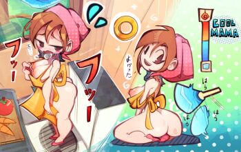 1girl apron ass back backboob bandana blush breasts brown_hair cooking_mama curvy day disabledfetus english_text female_focus from_above hand_fan highres hot looking_at_viewer looking_back mama_(cooking_mama) medium_breasts medium_hair naked_apron no_socks nude open_mouth red_footwear sequential sitting smile solo speech_bubble standing wariza window yellow_apron