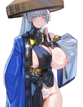1girl black_dress blue_eyes blue_haori bow_(bhp) breasts cleft_of_venus dress earrings female_pubic_hair goddess_of_victory:_nikke groin haori hat highres huge_breasts japanese_clothes jewelry jingasa long_hair looking_at_viewer mole mole_on_breast nayuta_(nikke) nipples one_breast_out pubic_hair pussy pussy_peek shakujou simple_background solo staff very_long_hair white_background white_hair