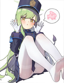 Rule 34 | 1girl, absurdres, ai-generated art (topic), armband, black hat, black jacket, black skirt, black tail, blue archive, blue armband, blush, buttons, chinese commentary, commentary request, demon tail, double-breasted, earrings, feet, foot out of frame, gloves, green hair, green halo, halo, hands up, hat, highres, hikari (blue archive), italian brainrot ai animals (meme), jacket, jewelry, knees up, liangcha jun, long hair, long sidelocks, long sleeves, looking at viewer, meme, no shoes, open hands, panties, panties under pantyhose, pantyhose, parted lips, peaked cap, pleated skirt, pointy ears, shirt, short eyebrows, sidelocks, simple background, sitting, skirt, soles, solo, speech bubble, spoken character, tail, thighband pantyhose, tralalero tralala, triangle mouth, underwear, v-shaped eyebrows, very long hair, white background, white gloves, white panties, white pantyhose, white shirt, yellow eyes