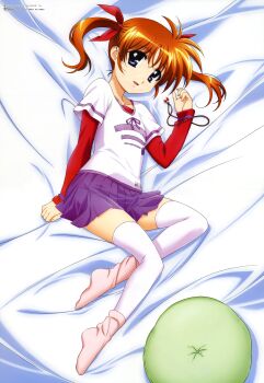 1girl absurdres bed bed_sheet blue_eyes brown_hair child collarbone cushion dot_nose female_focus flat_chest full_body highres kneehighs legs loli long_hair long_sleeves looking_at_viewer lying lyrical_nanoha mahou_shoujo_lyrical_nanoha megami_magazine miniskirt official_art okuda_yasuhiro on_side open_mouth pillow pink_socks pleated_skirt purple_skirt raising_heart raising_heart_(standby_mode) red_shirt scan sexually_suggestive shirt skirt smile socks solo solo_focus takamachi_nanoha thighhighs thighs twintails white_shirt white_thighhighs zettai_ryouiki