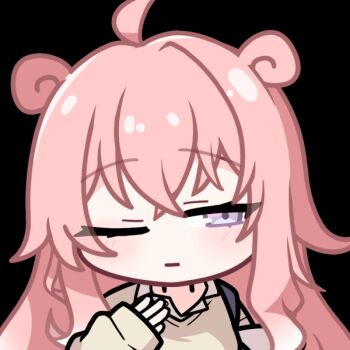 1girl acomu414 ahoge animated animated_gif bag blush brown_sweater chibi closed_eyes closed_mouth collared_shirt commentary_request dress_shirt facing_viewer fang gyaru_slowpoke_(shin_no_tenpii) hand_to_own_mouth hand_up korean_commentary long_hair long_sleeves nintendo open_mouth personification pink_hair pokemon pokemon_pokopia puffy_long_sleeves puffy_sleeves purple_eyes school_bag school_uniform shirt simple_background sleeves_past_wrists solo sweater upper_body very_long_hair white_background white_shirt yawning