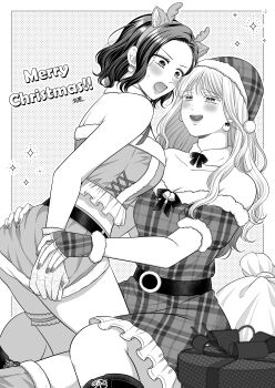 2girls absurdres antlers bare_shoulders belt between_legs blush commentary dress earrings english_commentary fingerless_gloves gloves greyscale hat highres horns jewelry licking_lips long_hair merry_christmas monochrome multiple_girls namaniku_(nmnk2020) off-shoulder_dress off_shoulder open_mouth original plaid_clothes plaid_dress reindeer_antlers santa_hat sayama_rika short_hair skirt smile thigh_strap tongue tongue_out tougou_haruka yuri