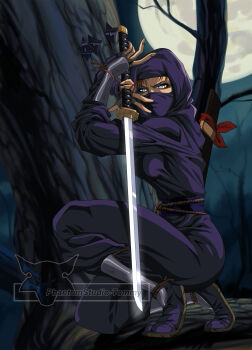 1990s_(style) 1girl arm_garter brown_hair fighting_stance fingerless_gloves gloves green_eyes highres hood hoodie katana mask moon night ninja original phantommy retro_artstyle sandals scabbard sheath shinobi shuriken sword tree watermark weapon