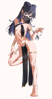 1girl absurdres armlet black_hair blue_eyes breasts closed_mouth commission double_bun feet gold_armlet hair_bun hair_ornament harem_outfit highres long_hair looking_at_viewer miyao_nemu mouth_veil pelvic_curtain simple_background small_breasts smile solo standing standing_on_one_leg veil waligner white_background witch_watch