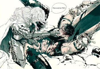 Rule 34 | 2boys, abs, amputee, anal, arm up, armless amputee, armor, bandaged arm, bandaged hand, bandages, berserk, blood, blood on body, blood on face, bloody weapon, blush, breastplate, cape, commentary, cum, cum in ass, cum overflow, english commentary, english text, faulds, finger in another's mouth, gauntlets, greyscale, griffith (berserk), guts (berserk), highres, injury, kneeling, long hair, luluzhang998873, lying, male focus, male penetrated, monochrome, multiple boys, on back, parted hair, penis, planted, planted sword, planted weapon, sex, short hair, speech bubble, sweat, sword, testicles, torn clothes, v-shaped eyebrows, wavy hair, weapon, yaoi