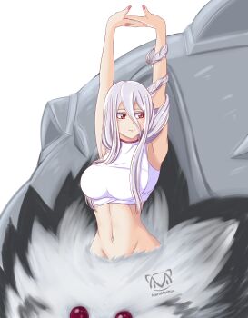 1girl absurdres arachne armpits arms_up arthropod_girl bandeau bare_shoulders braid breasts choker closed_mouth commentary covered_collarbone cowboy_shot extra_eyes groin hair_between_eyes highres insect_girl kumo_desu_ga_nani_ka? kumoko_(kumo_desu_ga_nani_ka?) large_breasts long_braid long_hair looking_to_the_side marumashuu monster_girl navel red_choker red_eyes sidelocks signature simple_background single_braid solo spider_girl standing stomach stretching taur variant_set very_long_hair white_background white_bandeau white_hair