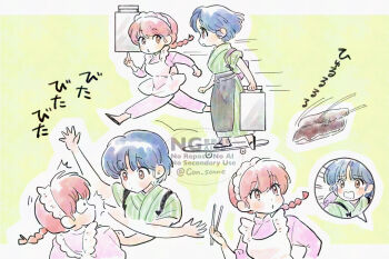 2girls apron blue_hair braid brown_eyes chibi chopsticks commentary_request con_sonne frilled_apron frills image_in_speech_bubble japanese_clothes light_blush maid maid_apron maid_headdress multiple_girls pale_skin ranma-chan ranma_1/2 red_hair short_hair single_braid slapping tendou_akane watermark white_apron yellow_background