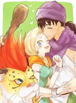 Rule 34 | 1boy, 1girl, armlet, bianca (dq5), black hair, blonde hair, blue eyes, border, borongo, bracelet, braid, breasts, cape, cloak, closed eyes, closed mouth, commentary request, creature, dragon quest, dragon quest v, dress, earrings, great sabrecat, green background, green dress, heads together, heart, height difference, hero (dq5), holding, holding staff, jewelry, leaning on person, long hair, low ponytail, medium breasts, neck ring, nidou (rechlo), one eye closed, open mouth, orange cape, outside border, pastel colors, ponytail, purple cape, purple cloak, purple tabard, single braid, smile, staff, tabard, tunic, upper body, white border, white tunic