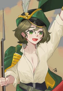 1girl :d absurdres arm_up bayonet black_shorts breasts cape collarbone commentary_request cowboy_shot earrings green_cape green_eyes green_hair green_hat gun hair_between_eyes hat hat_feather highres holding holding_gun holding_weapon jewelry korean_commentary large_breasts looking_to_the_side newsboy_cap no_mole open_mouth partially_unbuttoned pyopyopyo08 recoleta_(reverse:1999) reverse:1999 shirt short_hair shorts sidelocks signature smile solo standing weapon white_shirt