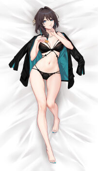 1girl absurdres aqua_nails barefoot bead_necklace beads bed_sheet black_bra black_jacket black_panties bra breasts brown_hair chinese_commentary commentary_request feet finger_to_mouth flower food full_body gluteal_fold green_eyes hair_flower hair_intakes hair_ornament hands_up highres holding holding_food honkai:_star_rail honkai_(series) index_finger_raised jacket jewelry knee_up large_variant_set long_hair looking_at_viewer lying medium_breasts multi-strapped_panties multicolored_hair nail_polish navel necklace on_back on_bed panties parted_lips ruan_mei_(honkai:_star_rail) shushing solo stomach streaked_hair toenail_polish toenails toes underwear variant_set yunkaiming