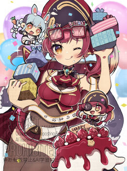 2girls ascot black_choker black_hat black_leotard black_thighhighs breasts chibi chibi_inset choker closed_mouth cropped_jacket eyewear_on_head frilled_choker frills hat highres hololive houshou_marine houshou_marine_(1st_costume) jacket kei_s01 leotard leotard_under_clothes looking_at_viewer medium_breasts multiple_girls one_eye_closed pirate_hat red-framed_eyewear red_ascot red_hair red_jacket red_skirt skirt sleeveless sleeveless_jacket smile solo thighhighs tongue tongue_out usada_pekora usada_pekora_(1st_costume) virtual_youtuber